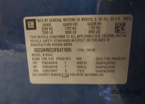 2015 Chevrolet Silverado 1500 1Lt from USA, damaged, VIN 3GCUKREC5FG477885